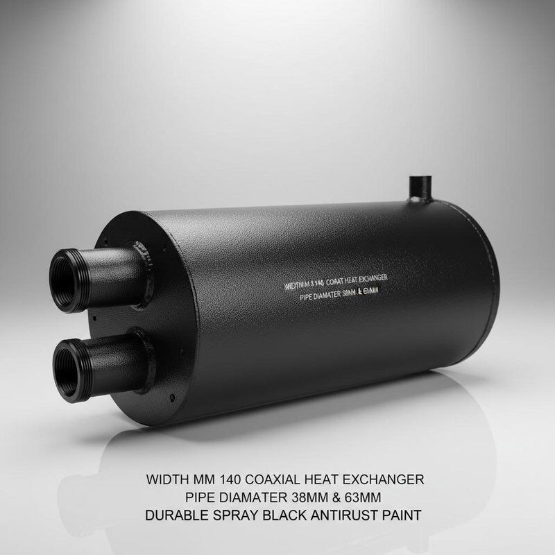 140 mm genişliğinde 38 mm ve 63 mm boru çapı ve dayanıklı püskürtücü siyah pas karşıtı boya koruması ile koaksiyel ısı değiştiricisi
